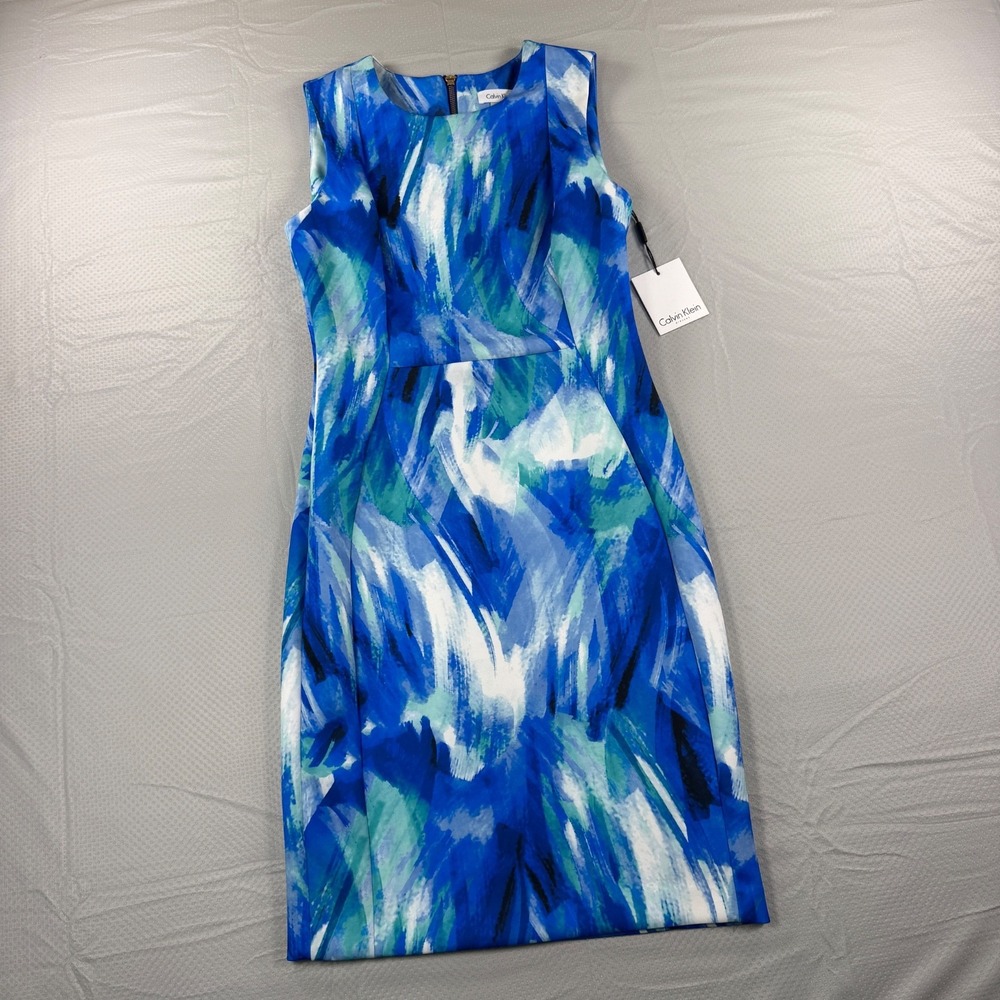 Calvin Klein Womens Size 8 Blue Abstract Brushstroke Sheath Dress NWT $134